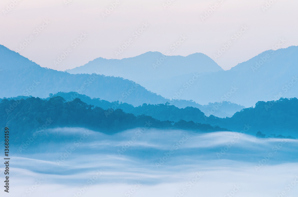 soft focus of beautiful scenary of mist with mountain range at P soft focus of beautiful scenary of mist with mountain range at P