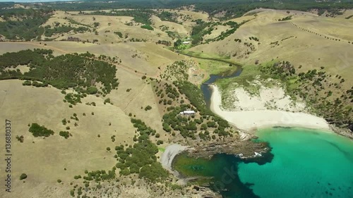 Forward flight from ocean towards Snelling Beach and Middle River. Kangaroo Island, South Australia
