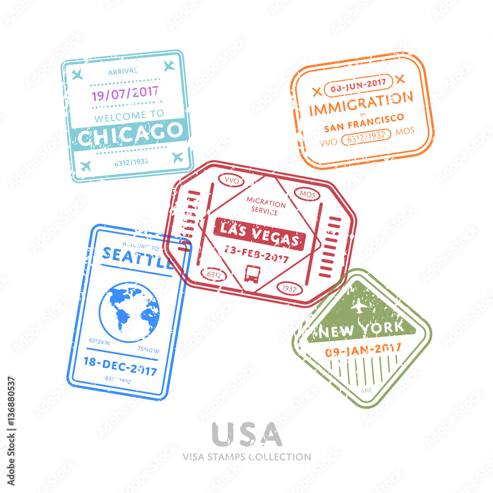 Usa travel visa stamps vector isolated on white background. Arrivals sign  rubber stamps. Chicago, San Francisco, Las Vegas, New York, Seattle cities  sign. Stock Vector | Adobe Stock