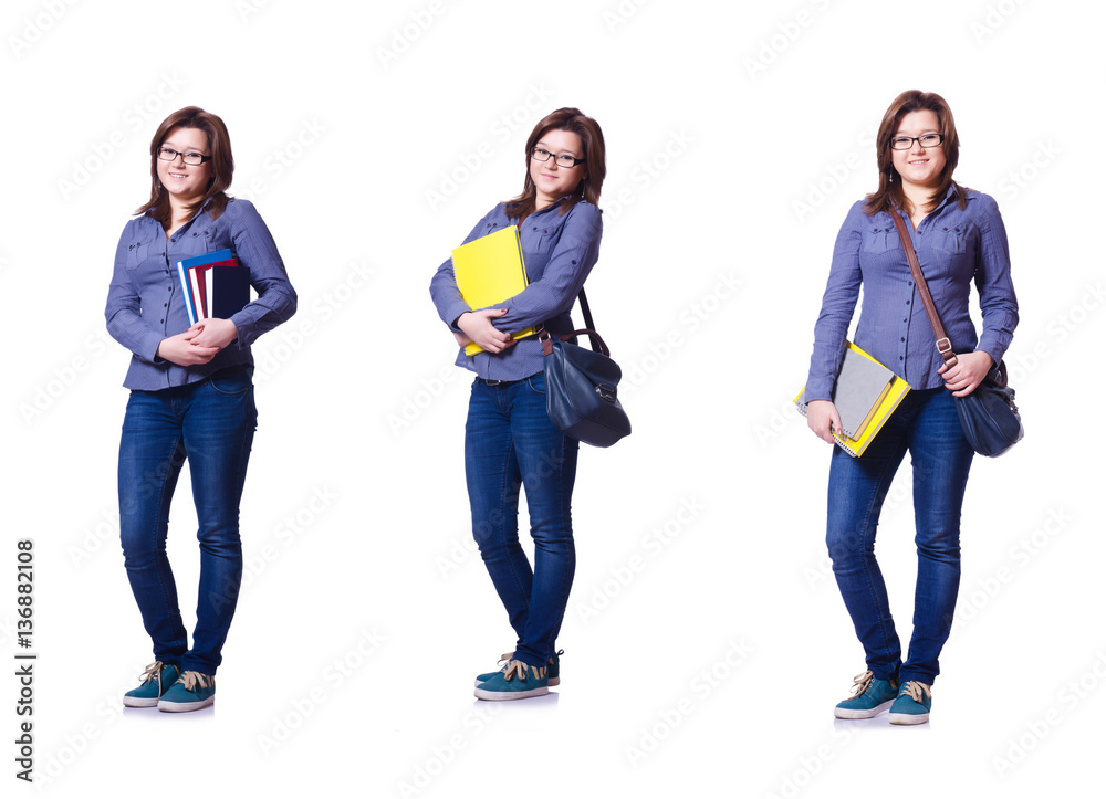 Girl student with books on white