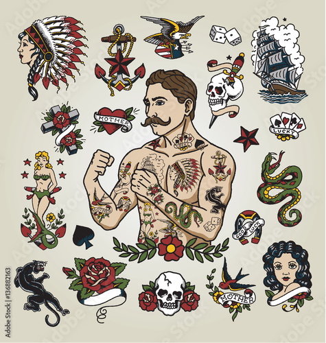 Tattoo flash set. Isolated tattoo hipster man and various tattoo images.
