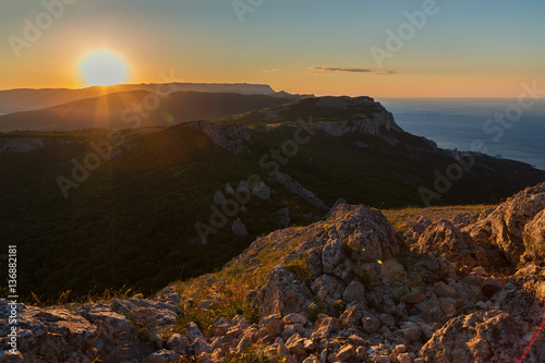 Sunrise over the mountains of Southern Crimea. View from top of Mount Ilyas Kaya. Laspi Bay.