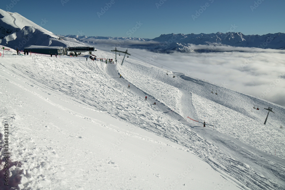 Obraz premium Ski slopes on the southern slope Aibga Ridge of Western Caucasus at Rosa Khutor Alpine Resort