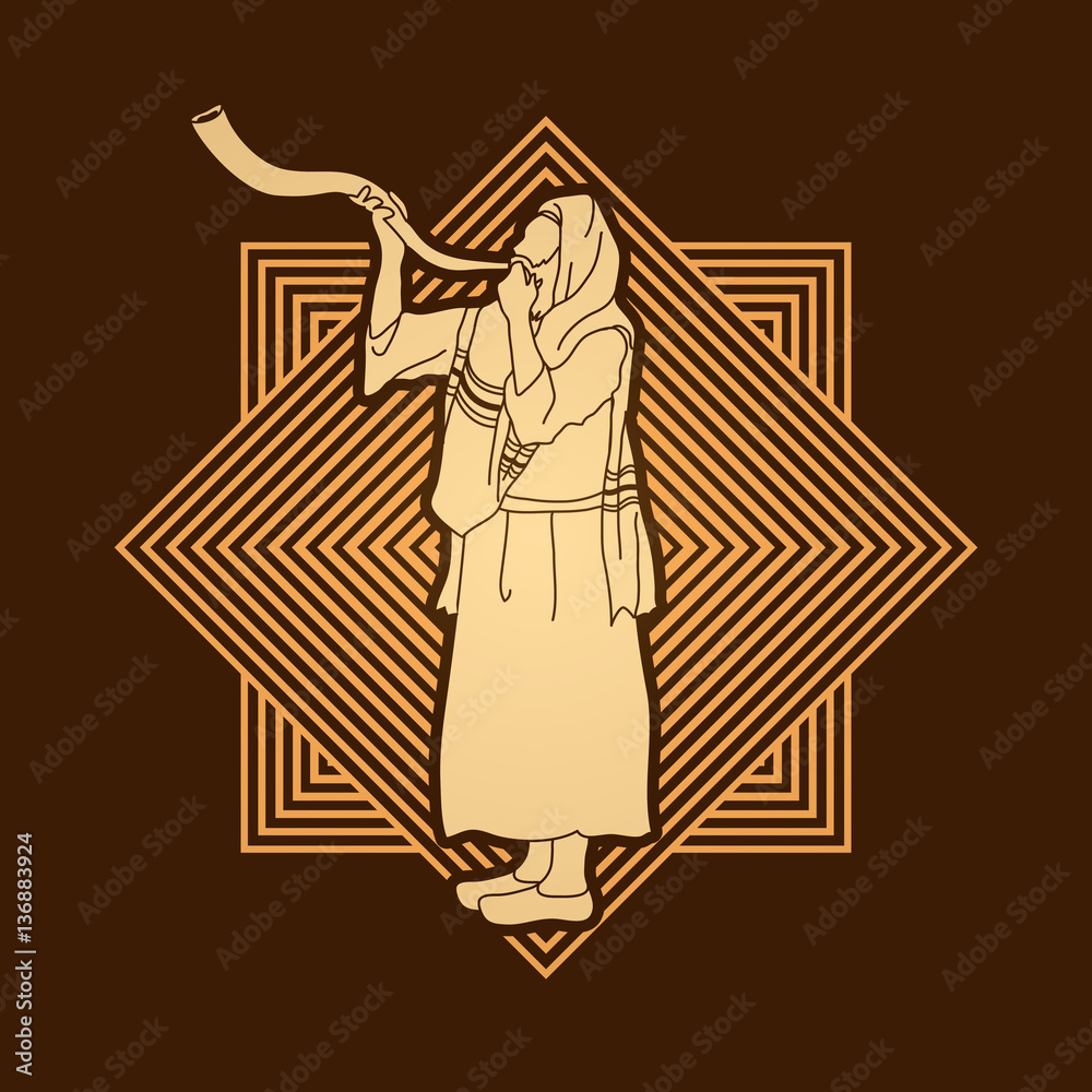 Shofar blowing, Kudu shofar blower design on line square graphic vector