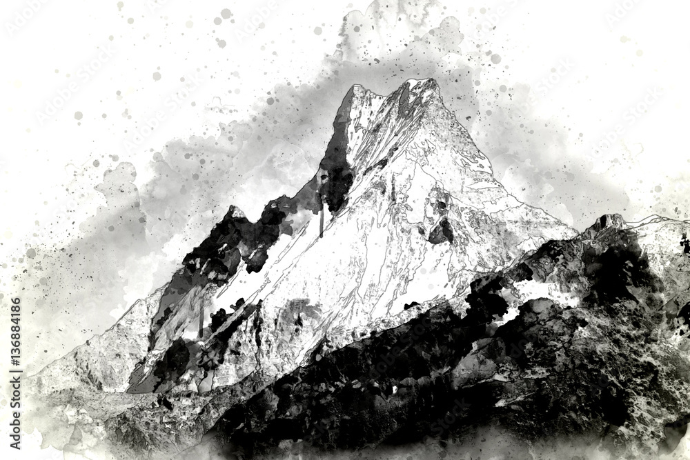 Abstract mountain range in monotone, digital watercolor painting
