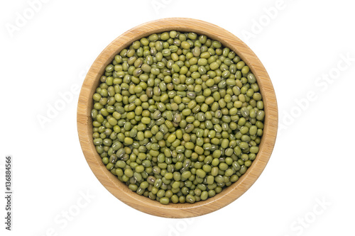 Top view of mung bean in wooden bowl isolated photo