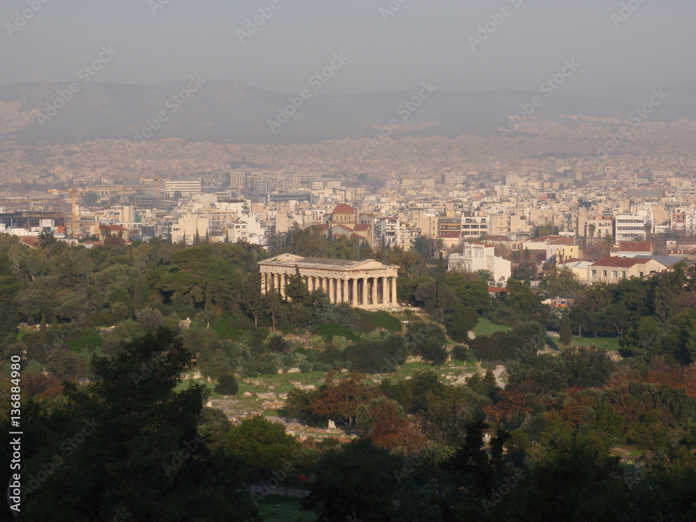 An aerial view of Hephaestus Temple in the middle downtown Athens, Greece.