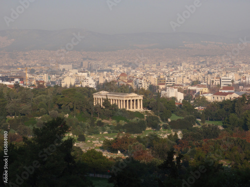 An aerial view of Hephaestus Temple in the middle downtown Athens, Greece.
