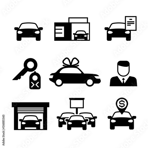 Auto dealership, car industry selling, buying and renting vector icons