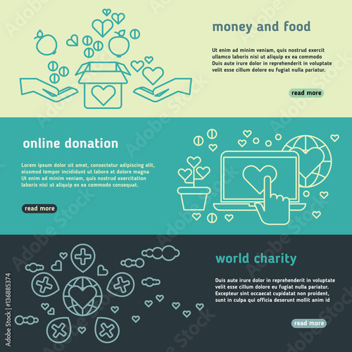 Charity, family help, donate life, nonprofit organization, humanitarian vector banners set
