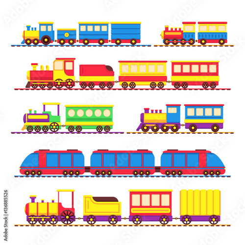 Cartoon kids toy trains, locomotive and wagons vector set