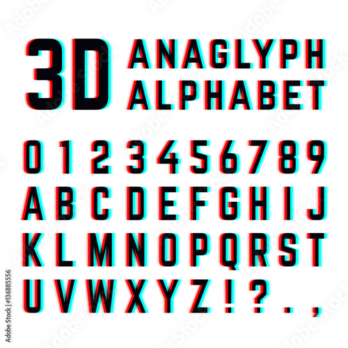 Tv distortion 3D effect stereoscopic, anaglyph alphabet and numbers