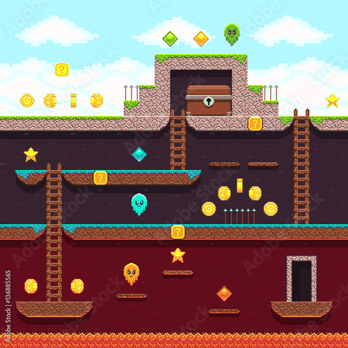 Computer 8 bit pixel video game. Platform and arcade vector design