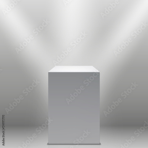 Museum pedestal, white empty 3d podium and spotlights vector illustration