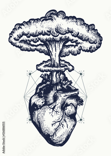 Heart and nuclear explosion tattoo art. Symbol of love