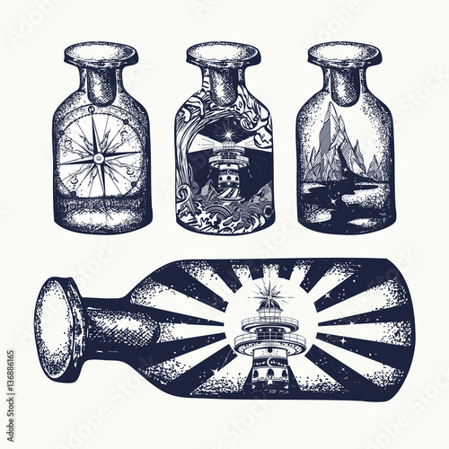 Compass and mountains in bottle tattoo art. Symbol tourism