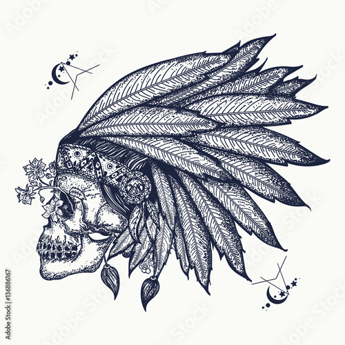Indian skull tattoo art. Warrior symbol. Native American
