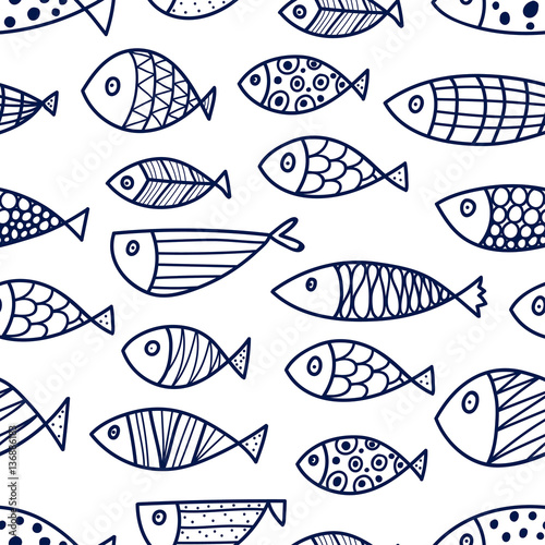 Blue fish. Vector seamless pattern.