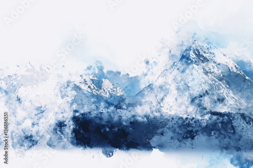 Abstract mountains in blue tone, digital watercolor painting