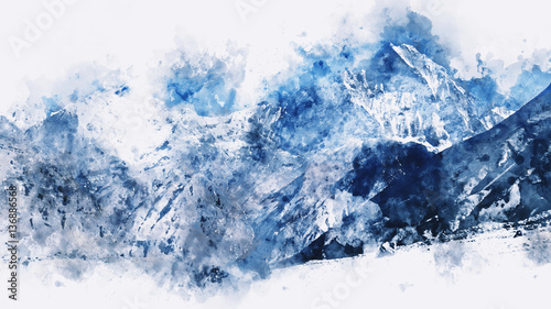 Fototapeta Abstrakcjonistyczne góry w błękitnym brzmieniu, cyfrowy akwarela obraz