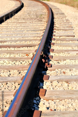 Fotografi Traditional tie plates and spikes seure modern welded rail to traditional wooden ties
