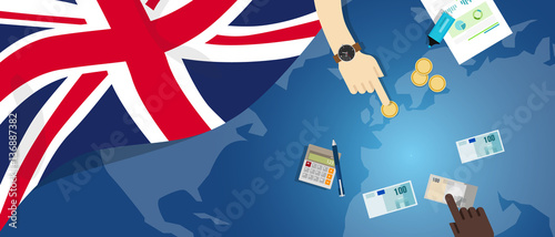 UK United Kingdom England economy fiscal money trade concept illustration of financial banking budget with flag map and currency