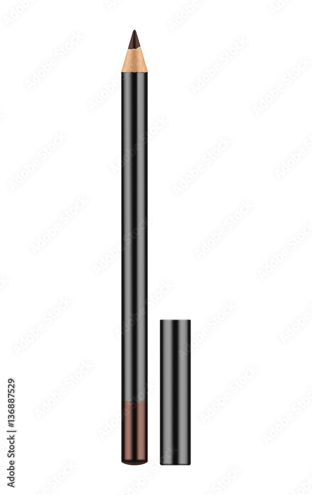 Brown pencil for eyes. Realistic eyeliner with cap. Decorative cosmetic product - liner for beautiful makeup. Vector illustration isolated on white background. Brown pencil for eyes. Realistic eyeliner with cap. Decorative cosmetic product - liner for beautiful makeup. Vector illustration isolated on white background.