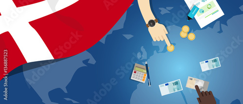 Denmark economy fiscal money trade concept illustration of financial banking budget with flag map and currency