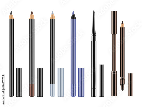 Set of different types realistic eyeliners. Black, silver, brown and blue pencils for eyes with caps. Cosmetic product for makeup and beauty eyes. Vector illustration isolated on white background.