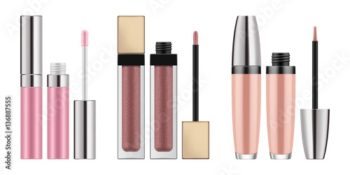 Set of realistic lip gloss. Mock-up of packages for decorative cosmetic product. Bottle with brush, tubes. Makeup for beauty face and beautiful lip. Vector illustration isolated on white