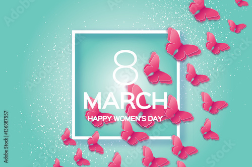 Pink Paper cut Wild Butterfly. 8 March.Women's and Mother's Day. Square frame.