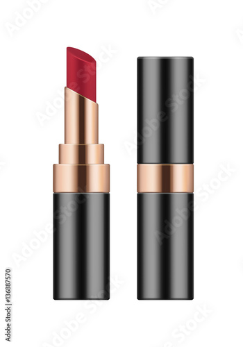 Mock-up of realistic sexy red lipstick. Decorative cosmetic product for glamour lip. Makeup lipgloss in stick. Blank template of container. Retro color. Vector illustration isolated on white