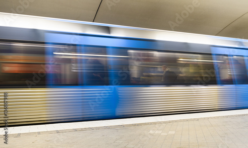 Blurred view of a train at a subway station, Stockholm, Sweden