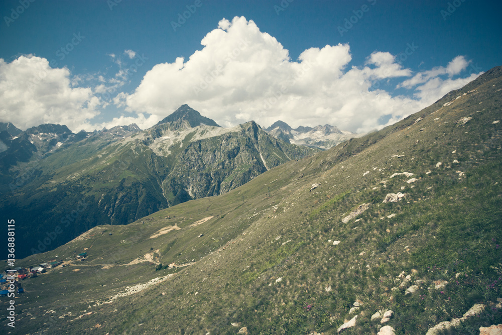 Fototapeta premium Mountain summer landscape with forest and high peaks. Caucasus.