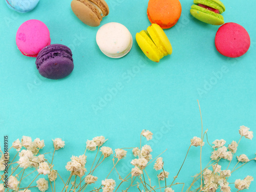 french macaroons with dryied flower and copy space background photo