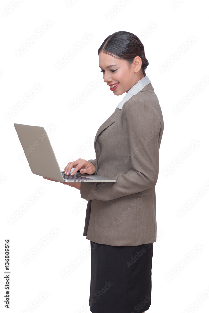 business woman Using a laptop in her hand isolate white background business woman Using a laptop in her hand isolate white background
