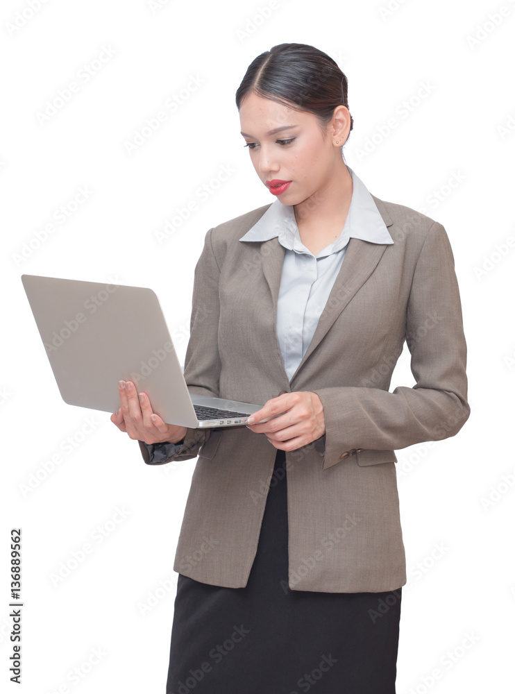 business woman Using a laptop in her hand isolate white background business woman Using a laptop in her hand isolate white background
