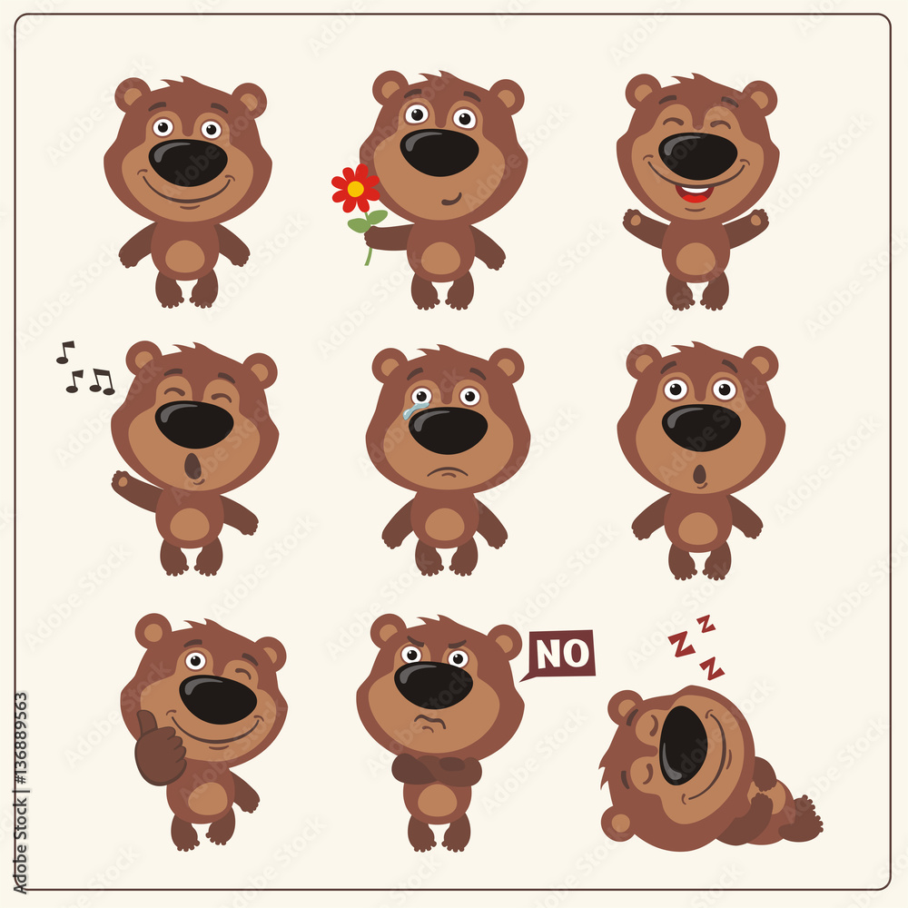 Fototapeta premium Funny little bear set in different poses. Collection isolated teddy bear in cartoon style.