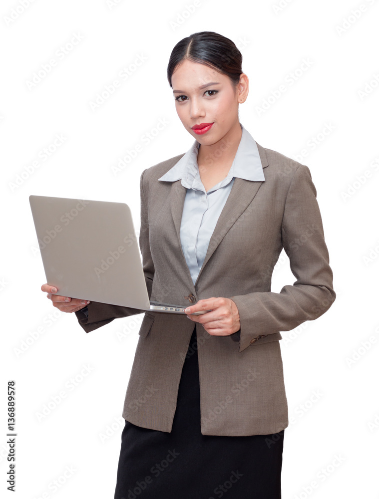 business woman Using a laptop in her hand isolate white background business woman Using a laptop in her hand isolate white background
