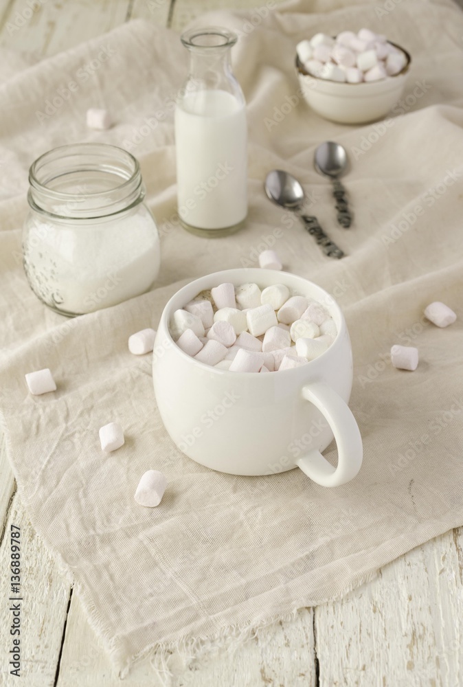 white cup with cocoa and marshmallows, selective focus white cup with cocoa and marshmallows, selective focus