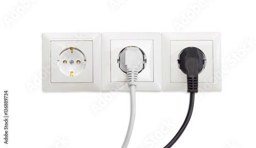 Three white socket outlet with two connected corresponding power plugs