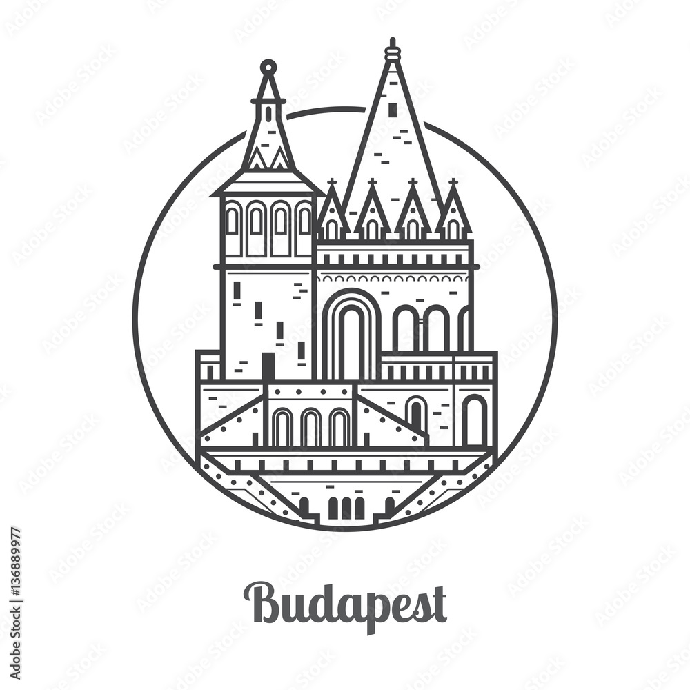 Travel Budapest icon. Fisherman bastion towers is one of the famous architectural landmarks and attractions in Hungary capital. Thin line Budapest tourist destination icon in circle.