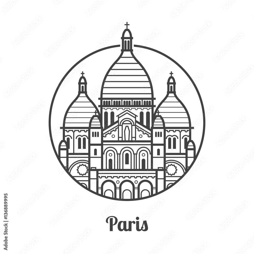 Travel Paris icon. Sacre Coeur church is one of the famous architectural landmarks and tourist attractions in capital of France. Thin line Basilica of the Sacred Heart of Paris icon in circle.