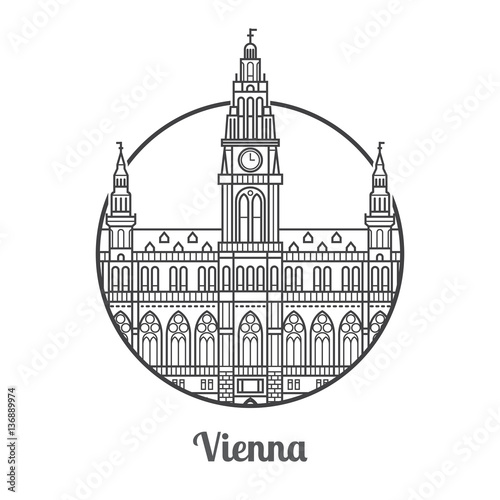 Travel Vienna icon. Gothic City Hall is one of the famous architectural landmarks and tourist attractions in capital of Austria. Thin line catholic clock tower icon in circle.