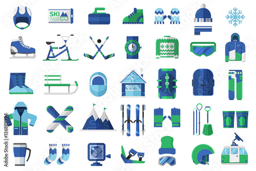 Winter sports icon set. Skiing, snowboarding and other snow activities vector objects. Snowboard and ski equipment with ski resort elements in flat design.