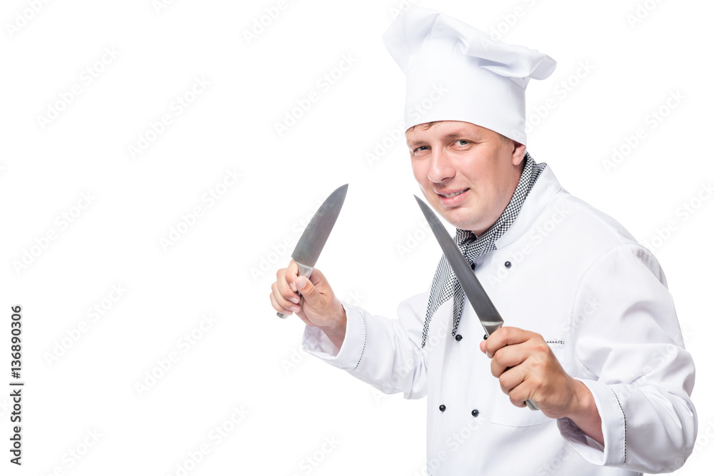 crazy chef threatening two knifes on a white background crazy chef threatening two knifes on a white background
