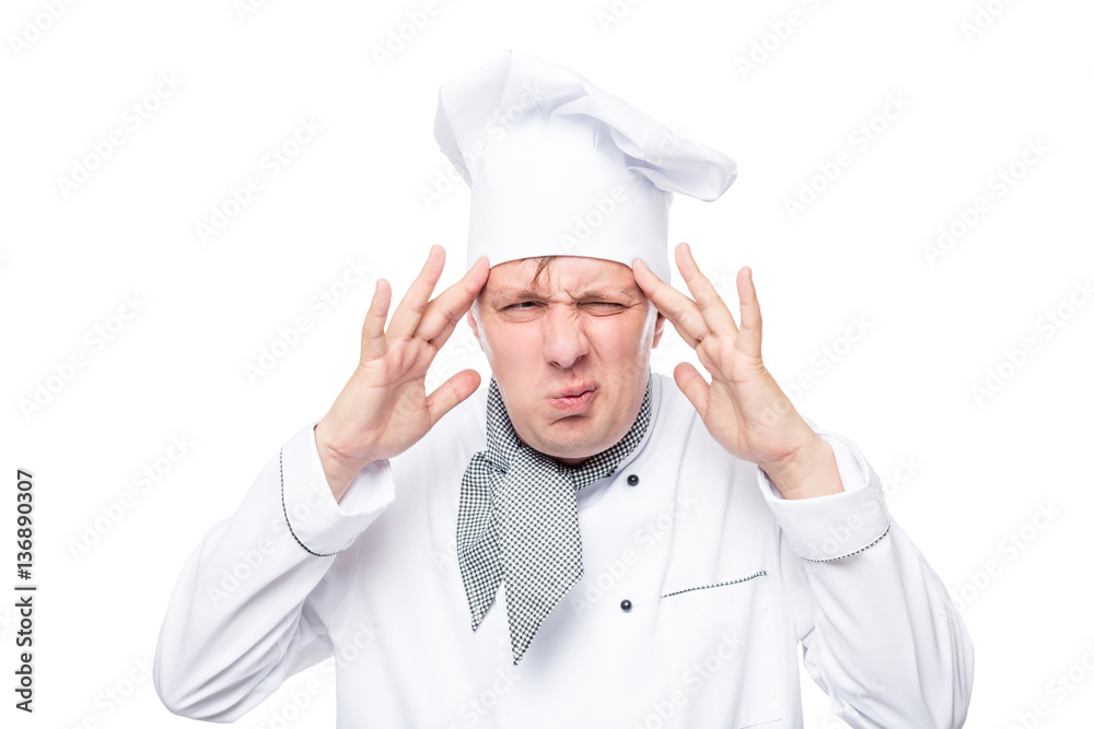 headache have overwrought chef portrait isolated on white backgr headache have overwrought chef portrait isolated on white backgr