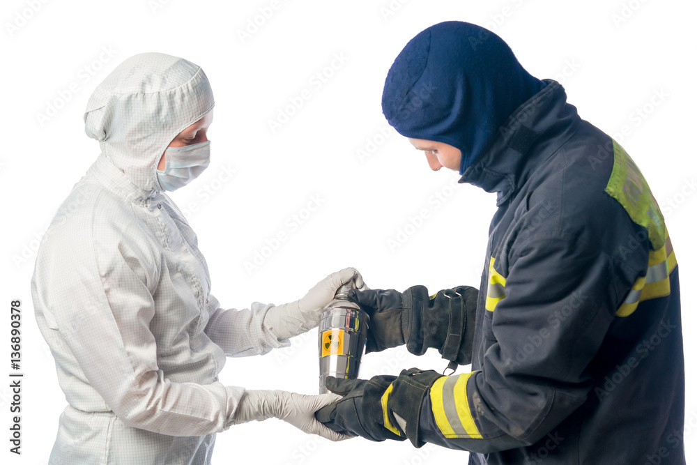Fototapeta premium Fireman sends container with radiation chemist in the laboratory