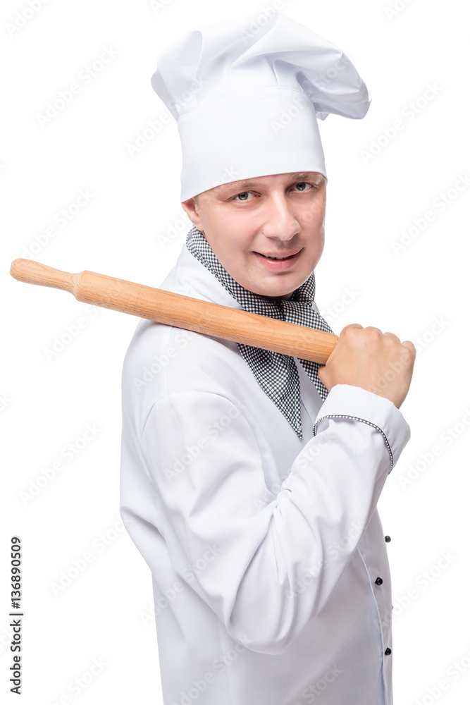 Vertical portrait of a cook with a rolling pin for dough isolate Vertical portrait of a cook with a rolling pin for dough isolate