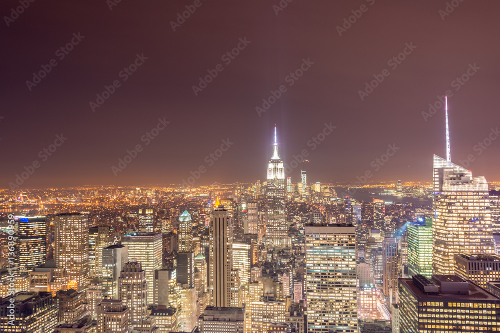 Night view of New York Manhattan during sunset